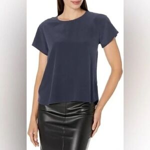 Splendid Collection Women Navy Blue 100% Silk Short Sleeve Keyhole Blouse Size M